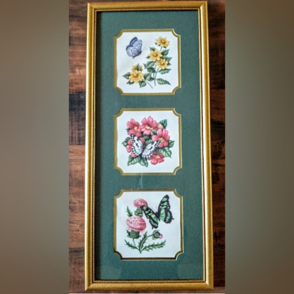 🦋 Framed Lithograph - Gold Frame Trio Butterflies - Heartfelt 1995